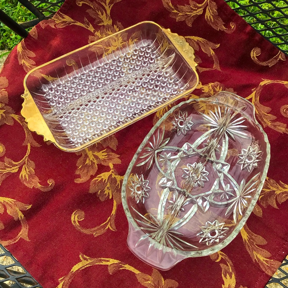 1960s 2pc Anchor Hocking Divided Glass Relish Dishes Hobnail Mid Century Bar EUC